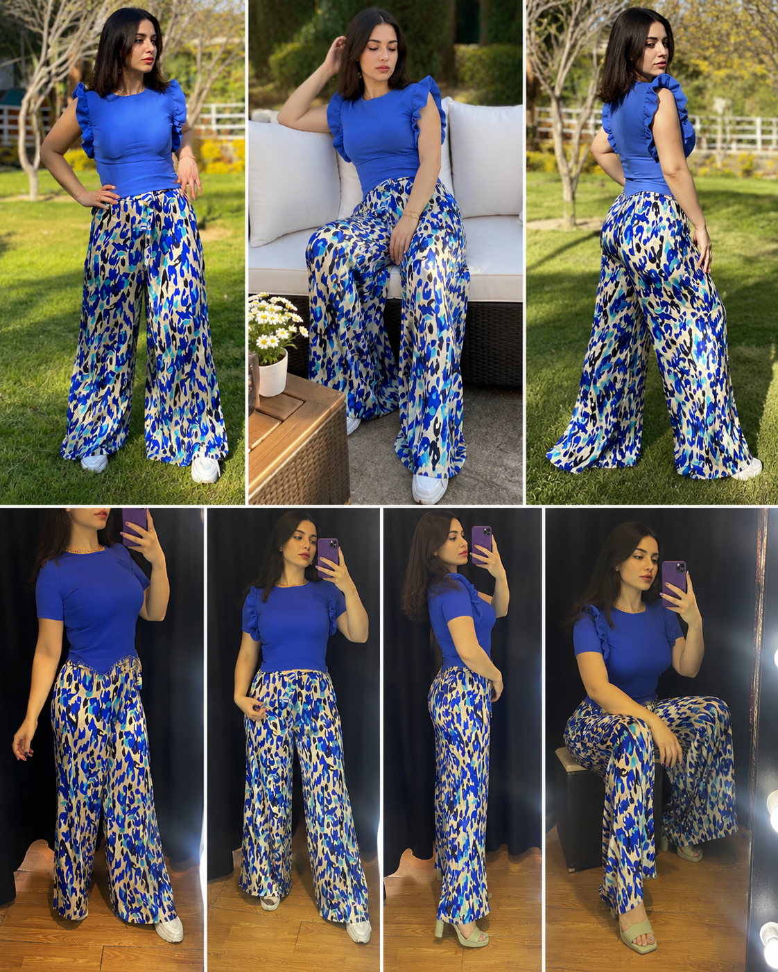 Blue Abstract Print Satin Wide-Leg Pants