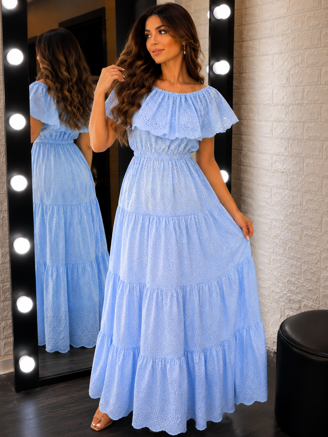 Sky Blue Eyelet Off-Shoulder Maxi Dress