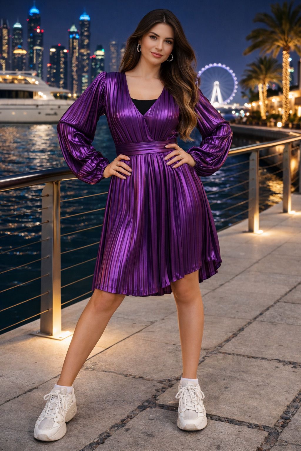 Purple Metallic Pleated Mini Dress