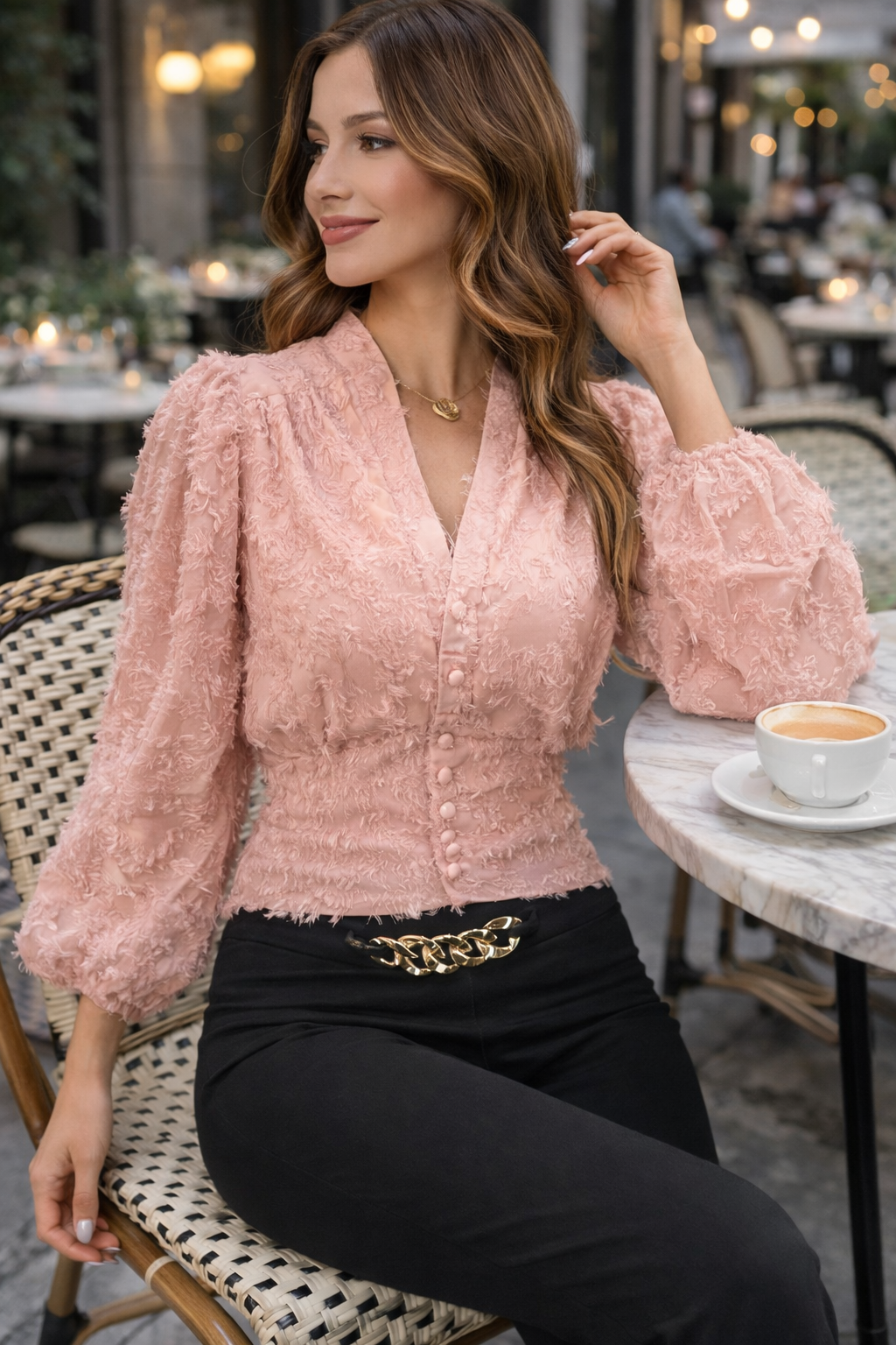 Textured Puff Sleeve Button-Up Blouse