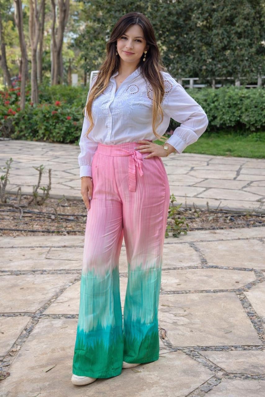 Pink & Green Tie-Dye Wide-Leg Pants
