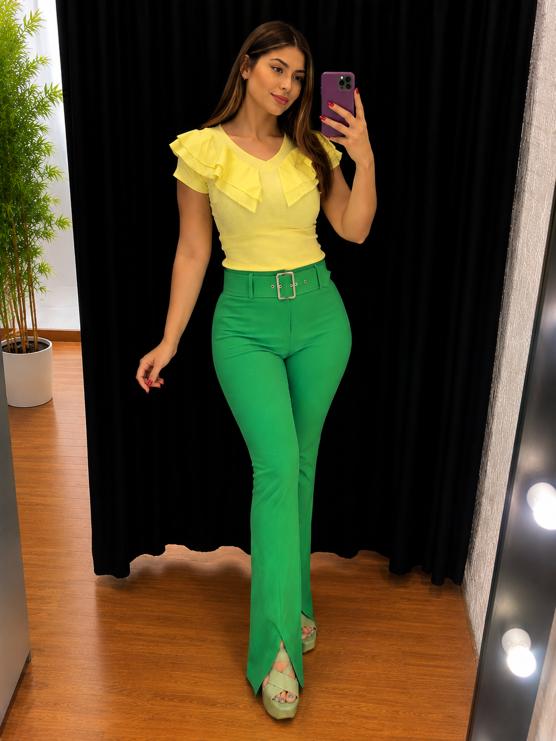 Green Belted Flare Pants