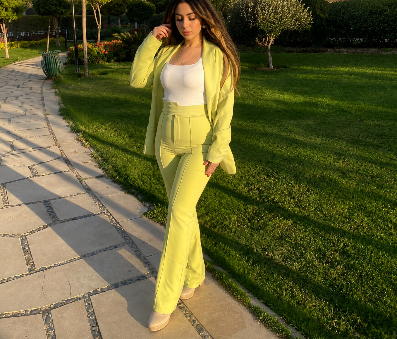 Lime yellow belted blazer and flare pants set - full length