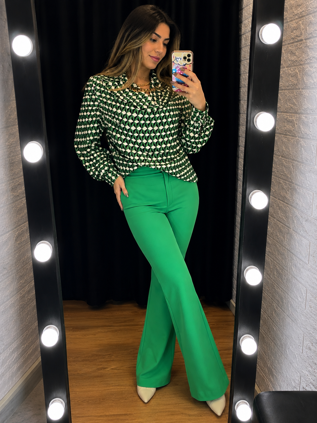 Geometric Print Long Sleeve Blouse – Green