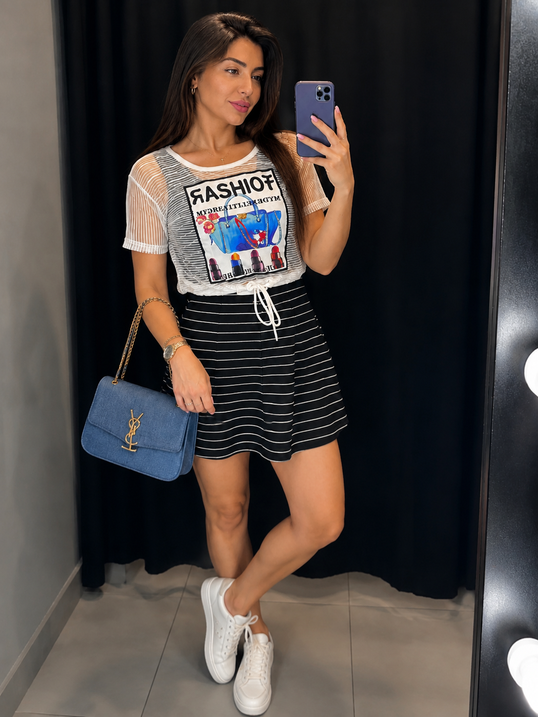 Fashion Print Mesh Top & Striped Skirt Set