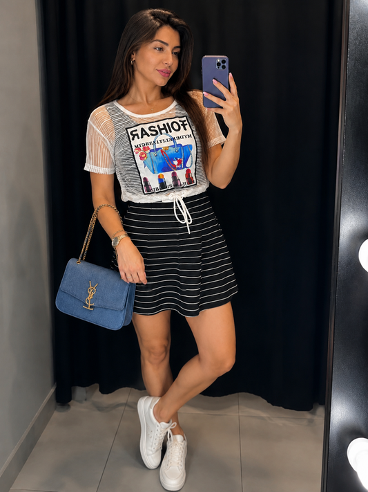 Fashion Print Mesh Top & Striped Skirt Set