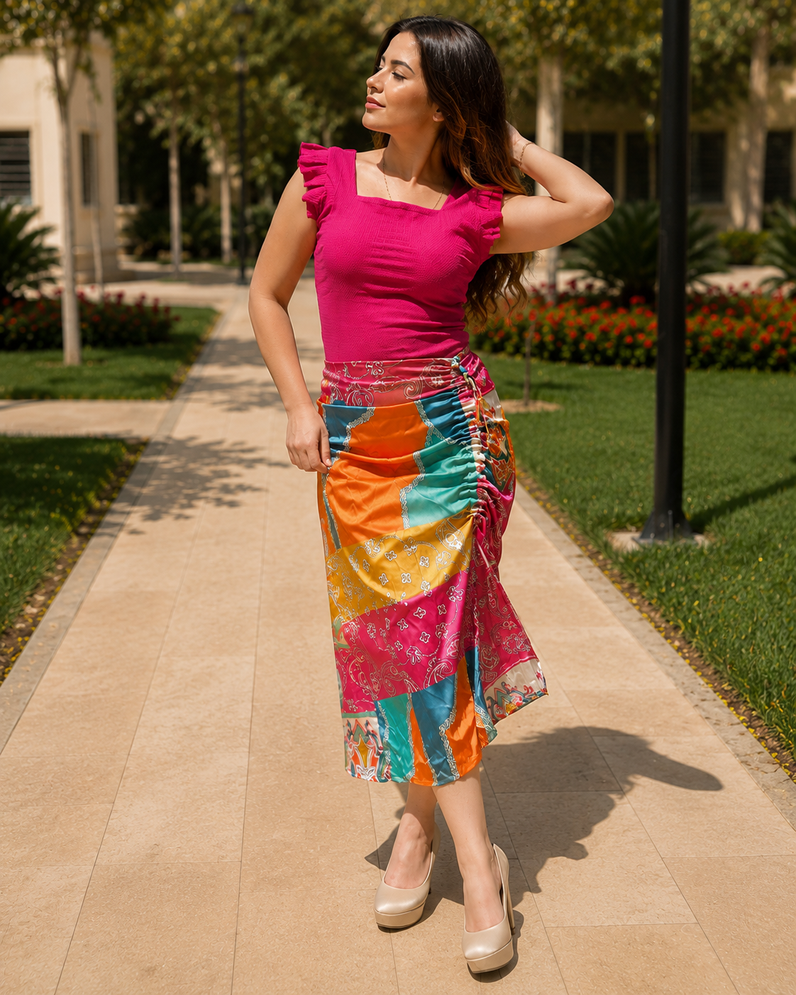 Colorful Patchwork Satin Ruched Midi Skirt