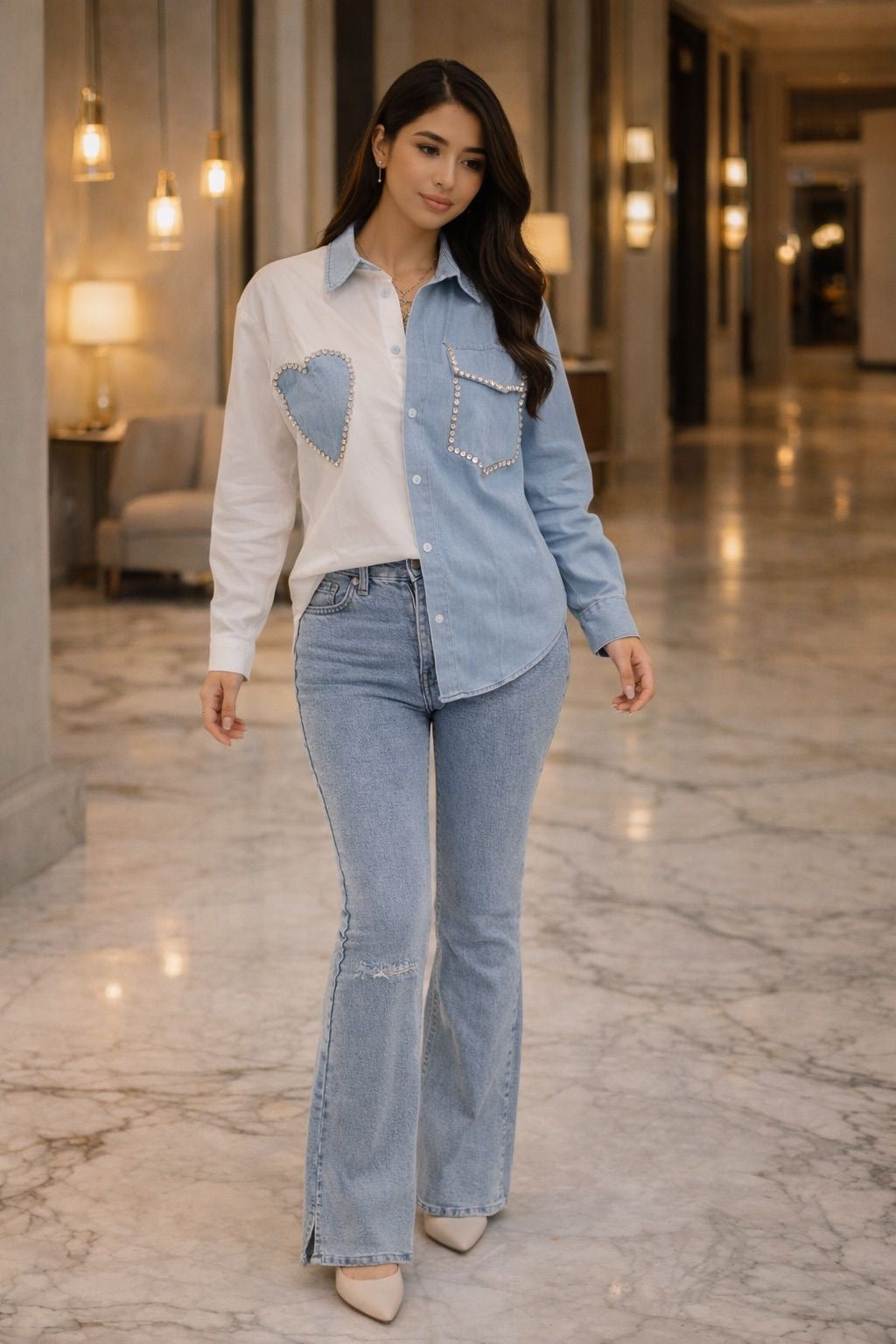 Two-Tone Denim Heart Rhinestone Shirt