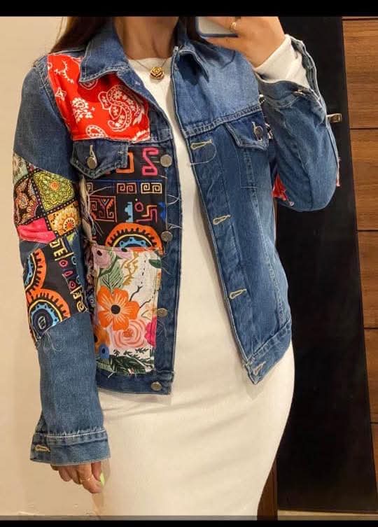 Blue Graphic Patchwork Denim Jacket - front view with colorful prints