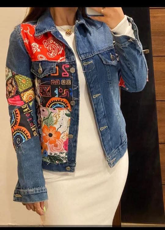 Blue Graphic Patchwork Denim Jacket - front view with colorful prints
