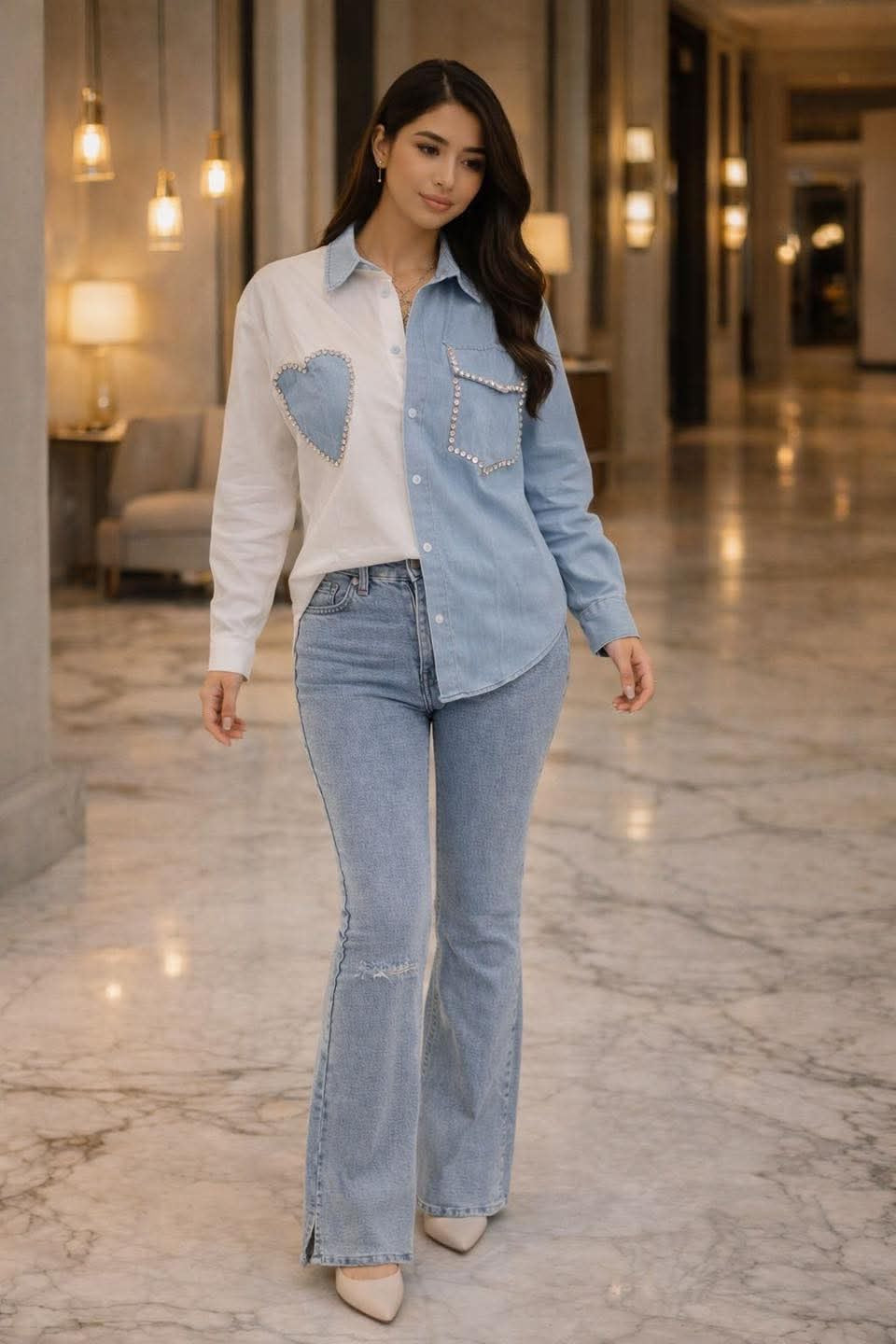 Two-Tone Denim Heart Rhinestone Shirt