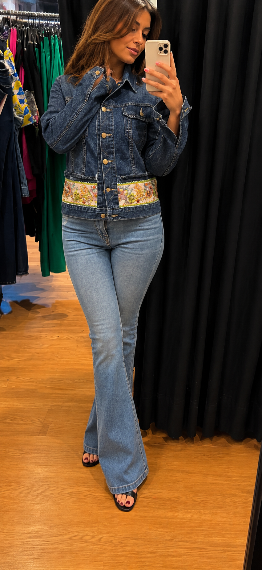 Blue Embellished Denim Jacket showing embellished hem detail - full look