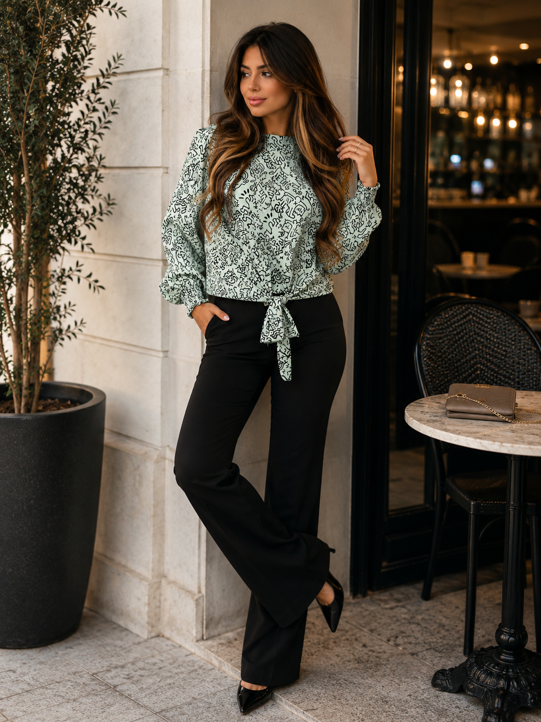 Mint Graffiti Print Tie-Front Blouse