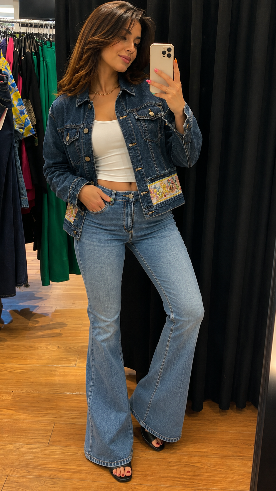 Blue Embellished Denim Jacket styled with flare jeans - front open view