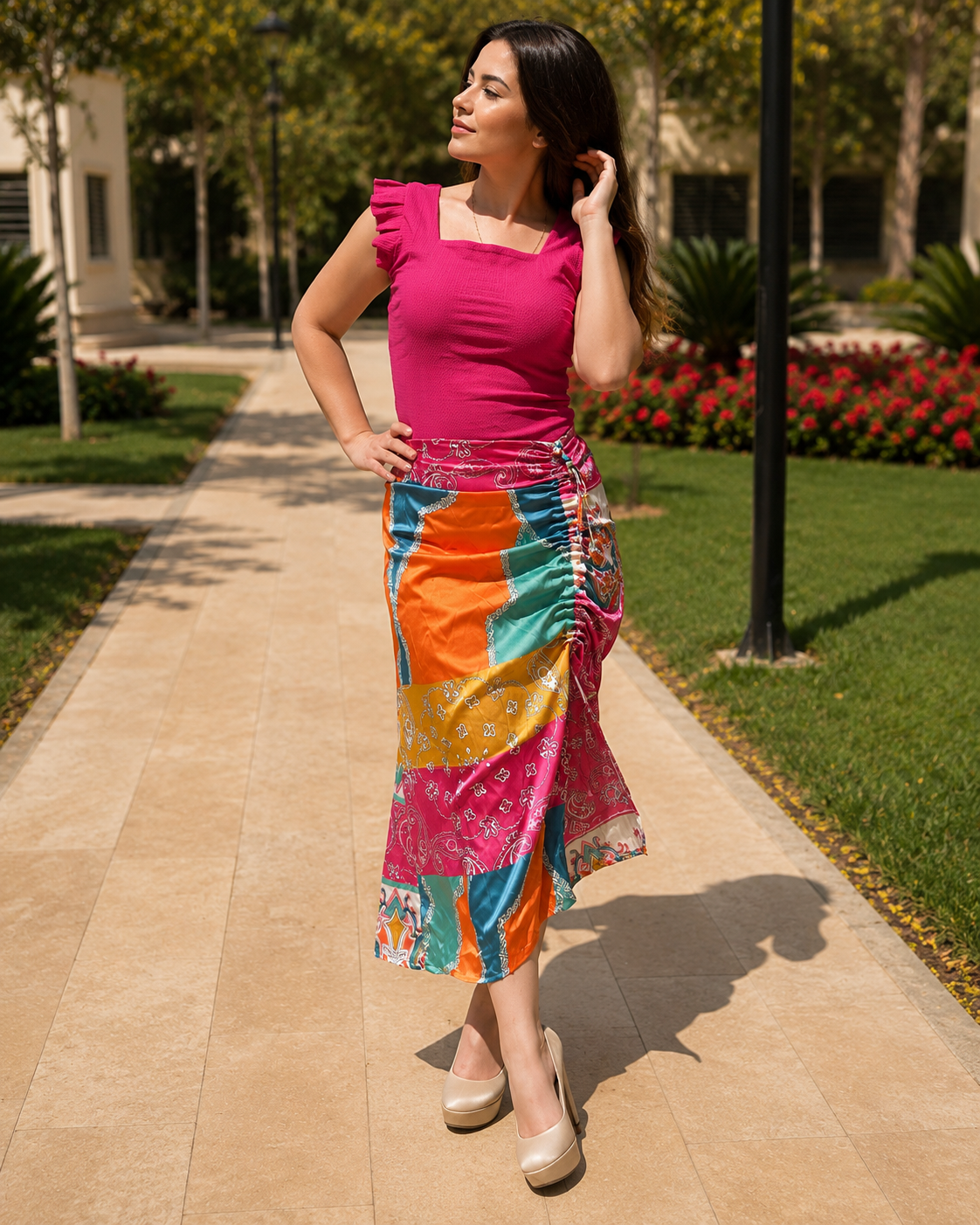 Colorful Patchwork Satin Ruched Midi Skirt