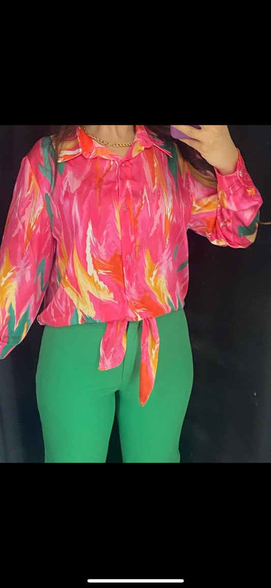 Printed Tie-Front Blouse