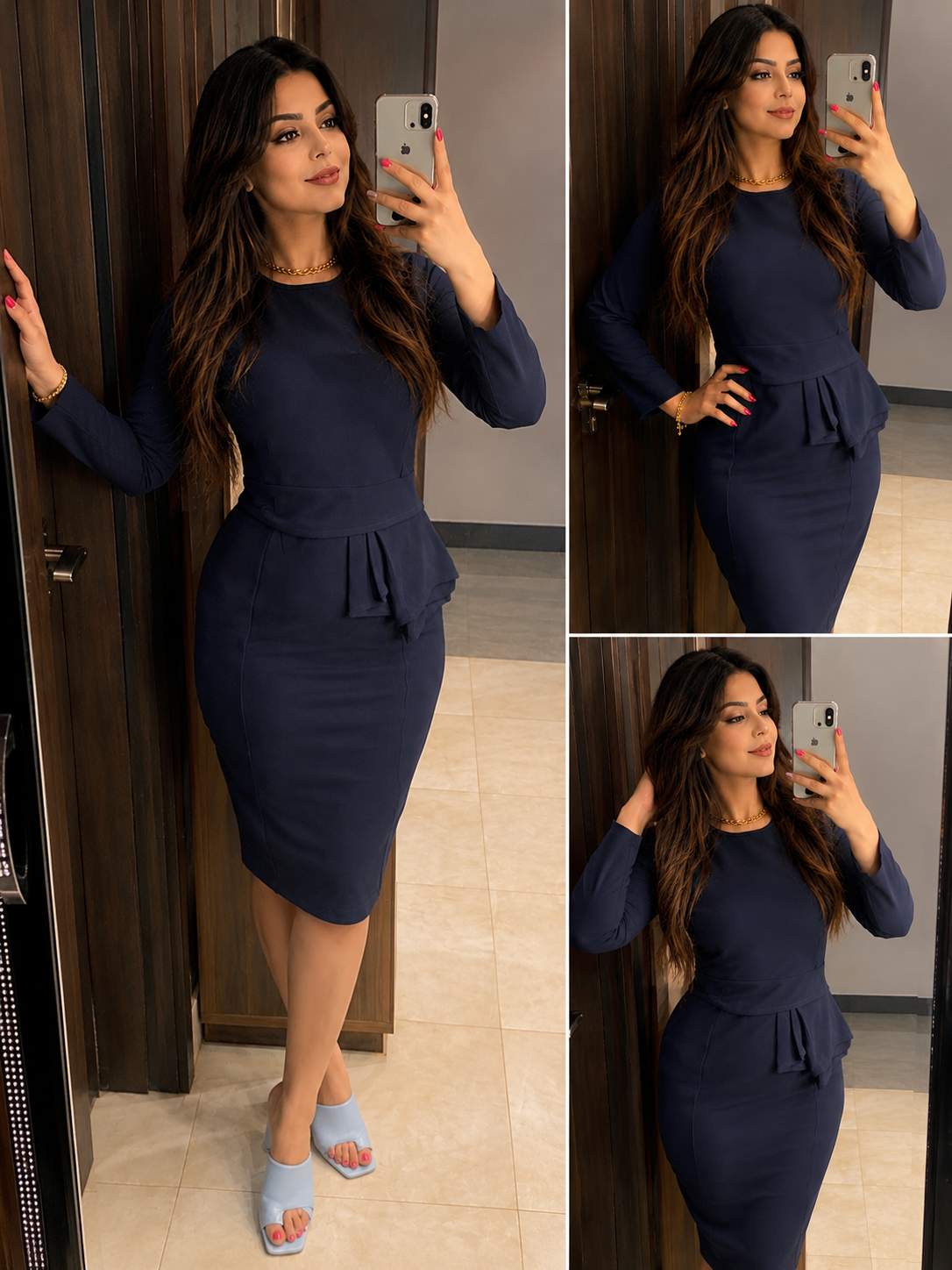 Navy Peplum Midi Dress