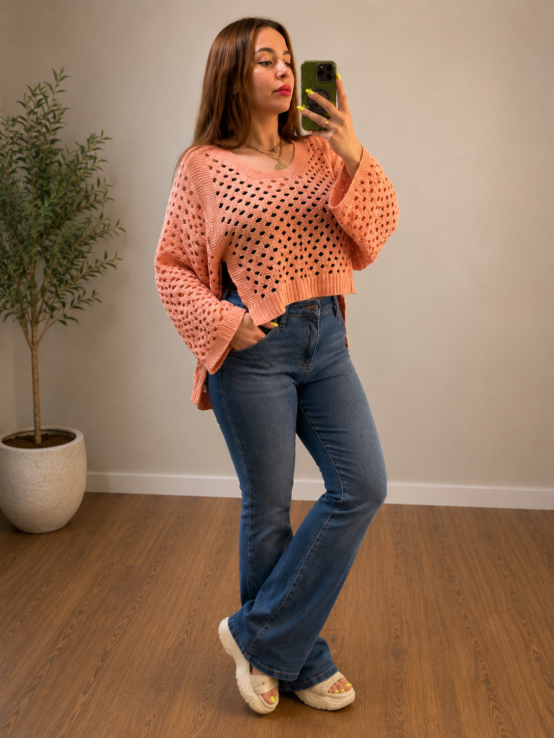 Salmon Crochet Crop Top - full length view