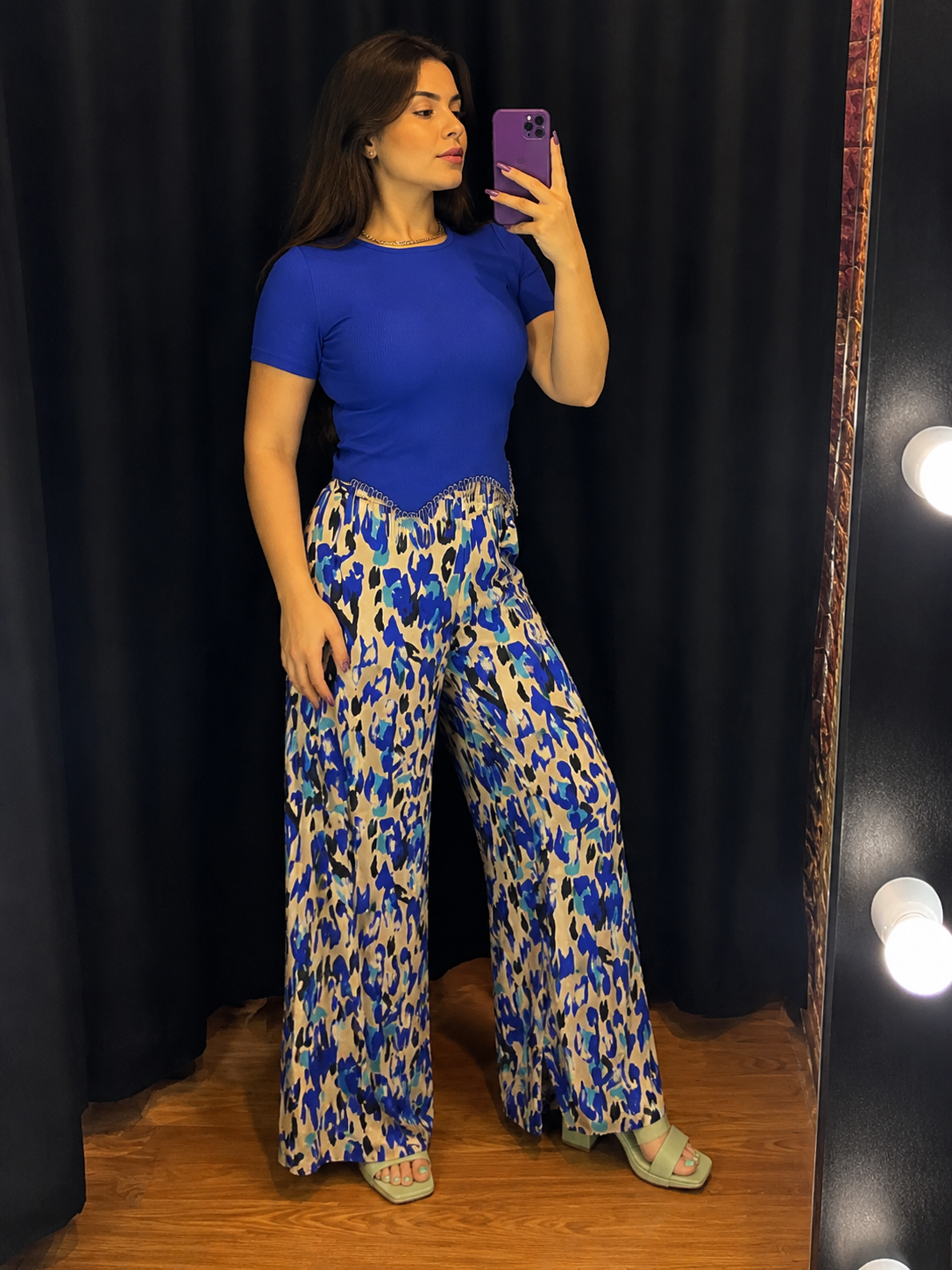 Blue Abstract Print Satin Wide-Leg Pants
