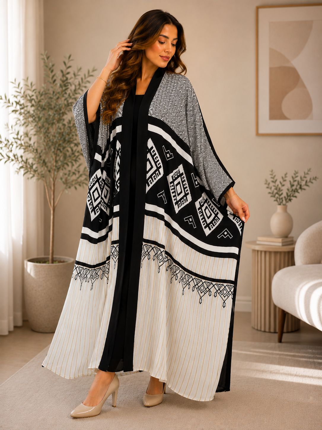 Geometric Print Open Abaya Cardigan