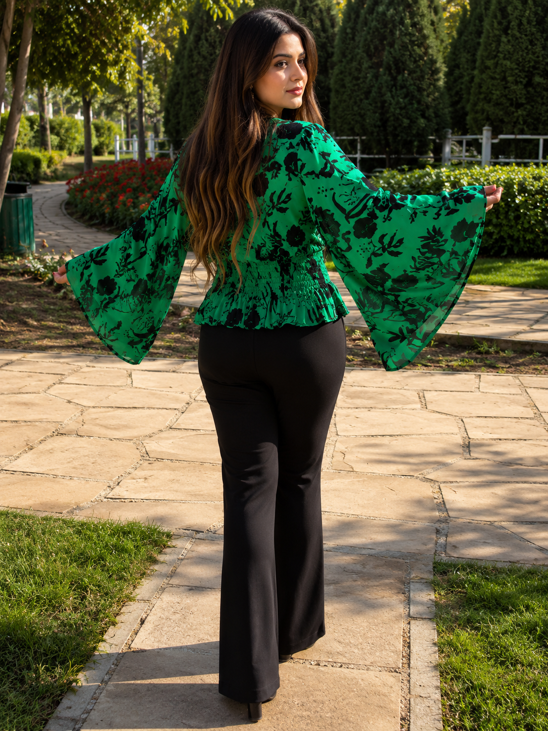 Green floral butterfly blouse - back view