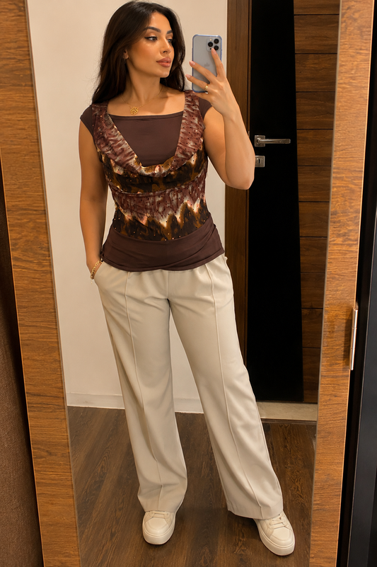 Brown Cowl Neck Embellished Top