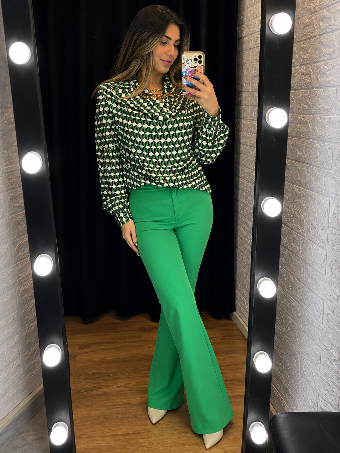Geometric Print Long Sleeve Blouse – Green