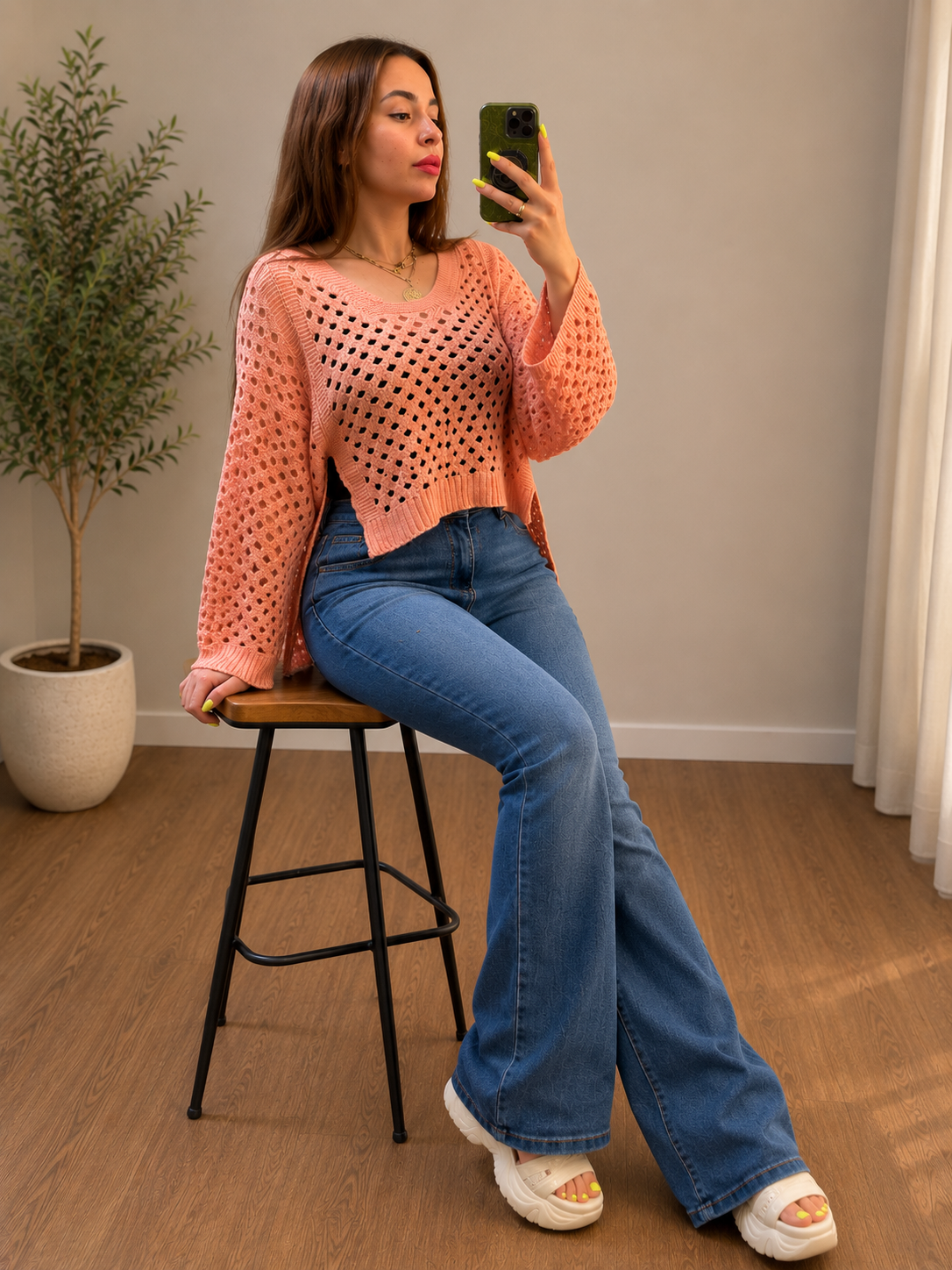 Salmon Crochet Crop Top - seated view