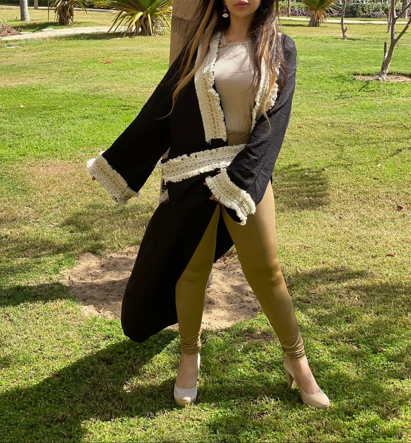 Fringe Trim Cardigan with Clutch