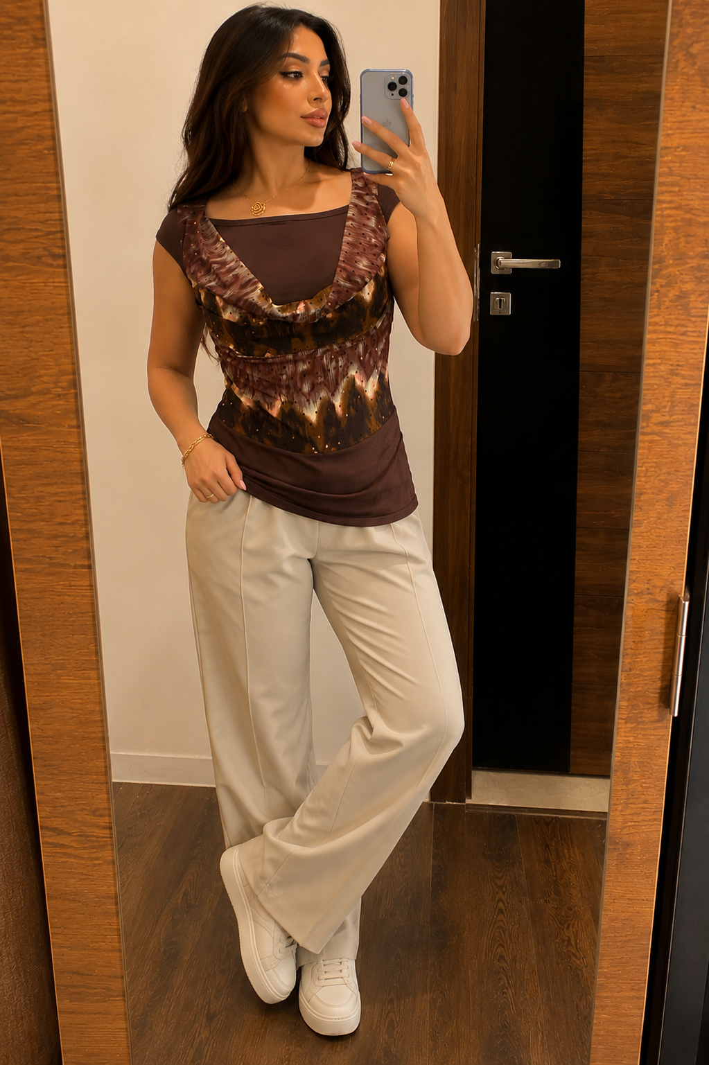 Brown Cowl Neck Embellished Top