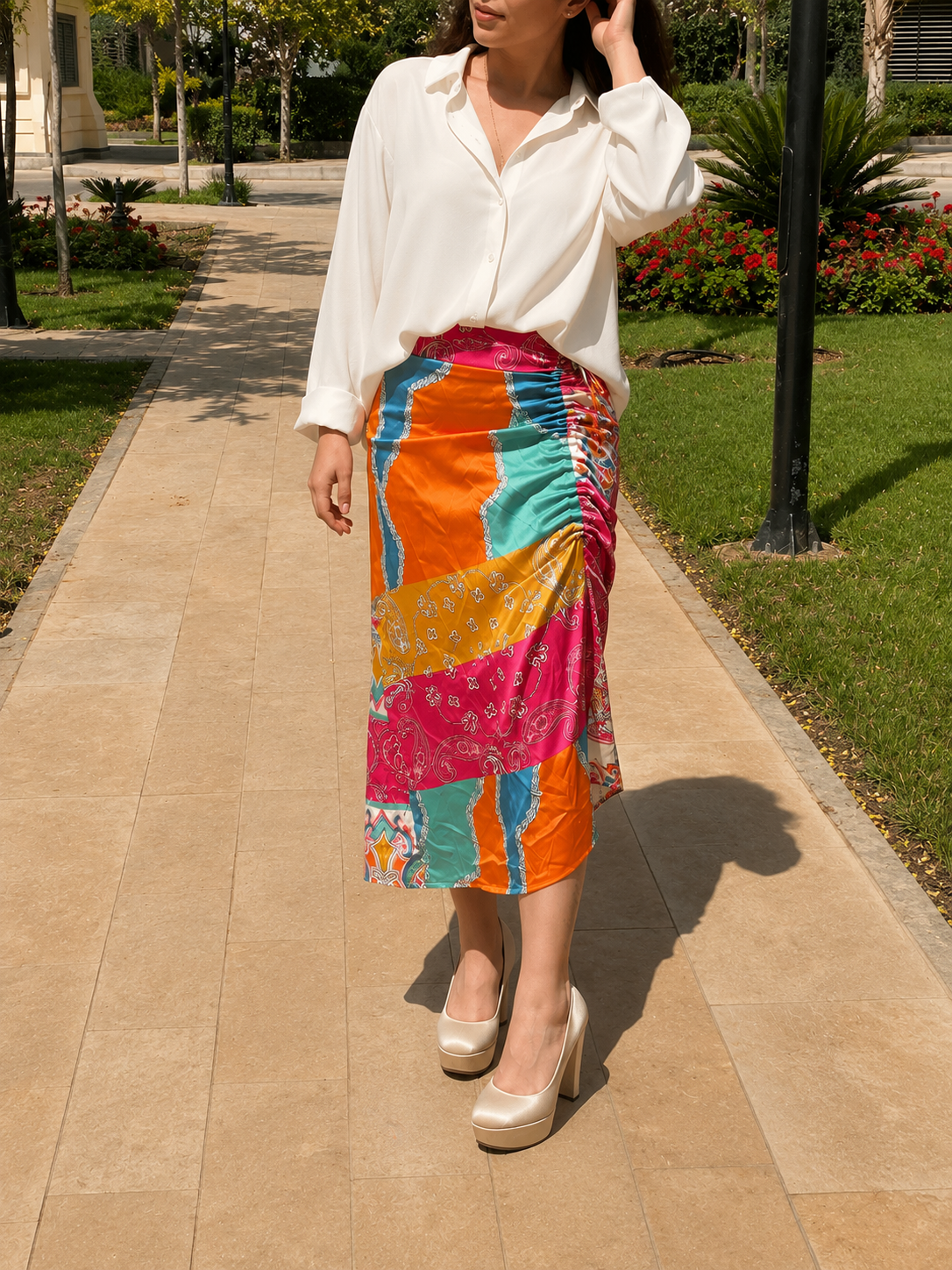 Colorful Patchwork Satin Ruched Midi Skirt