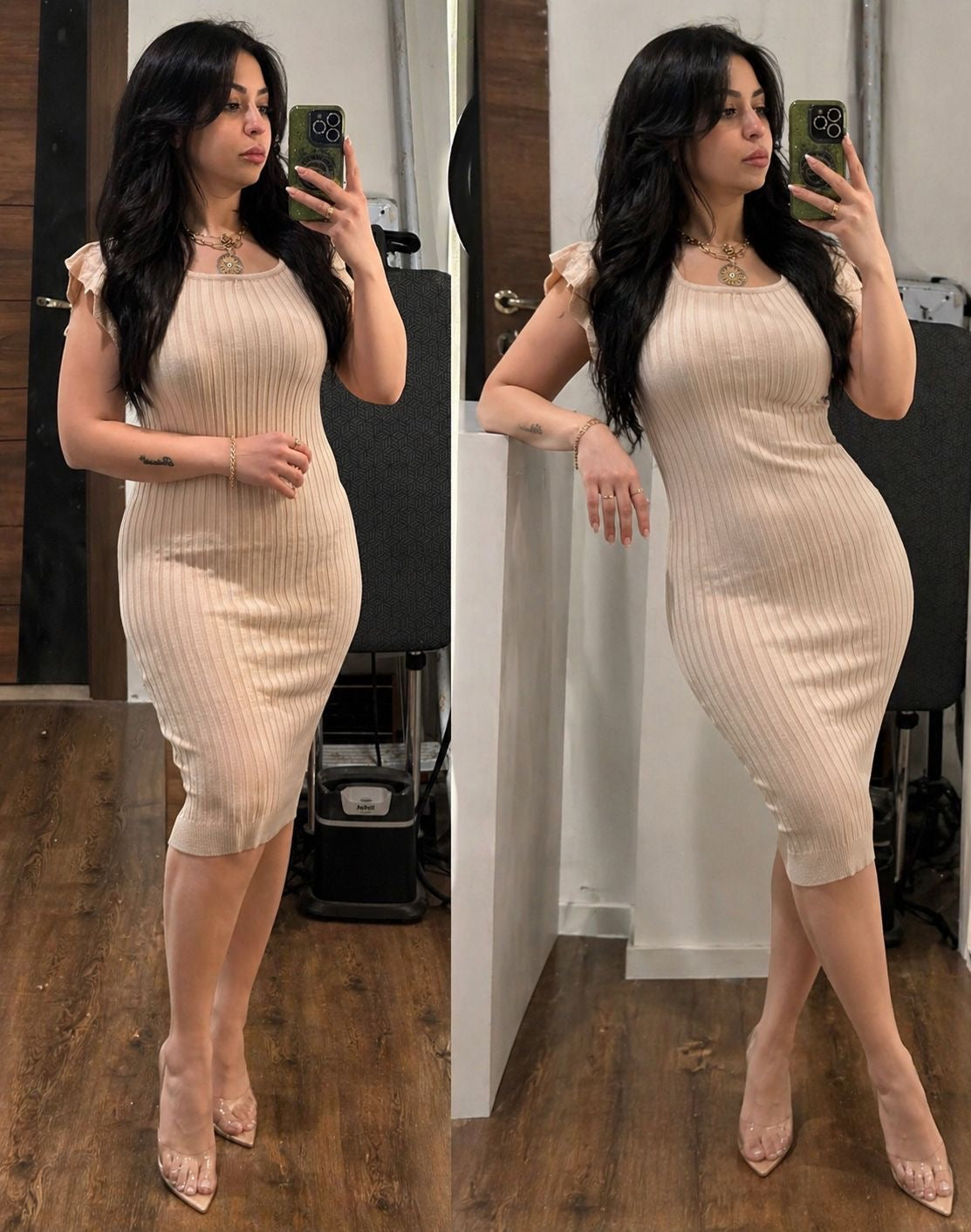 Ribbed Flutter Sleeve Midi Dress