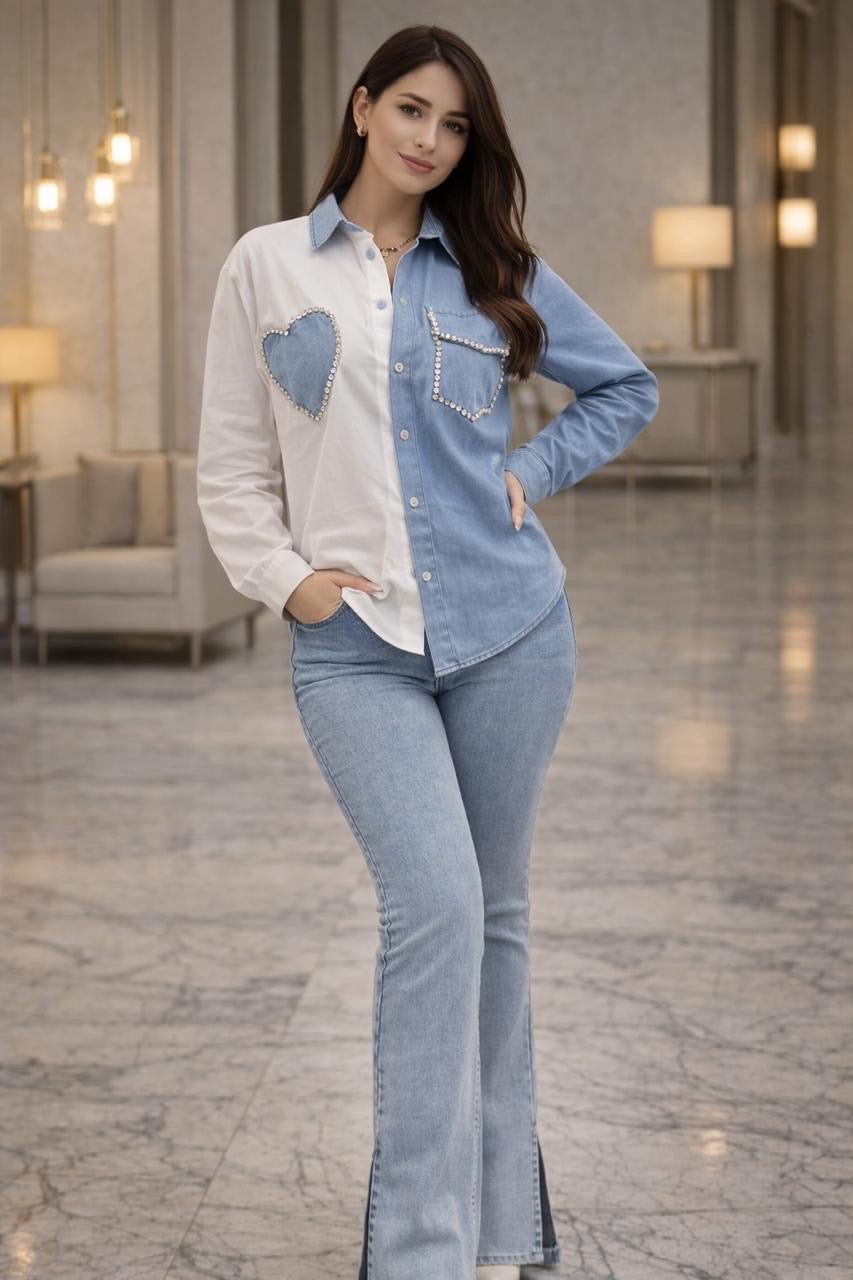 Two-Tone Denim Heart Rhinestone Shirt