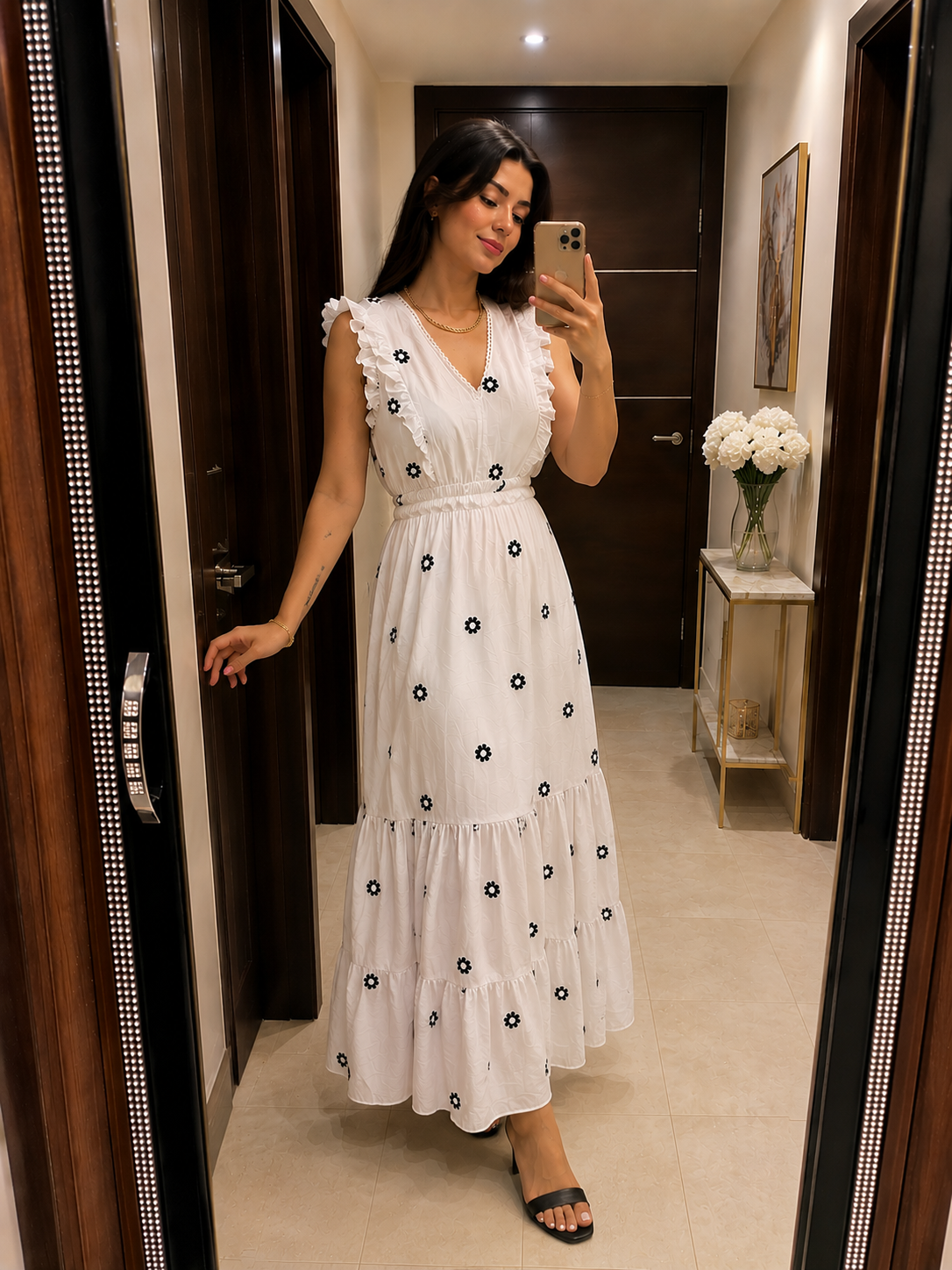 White Floral Embroidered Ruffle Maxi Dress