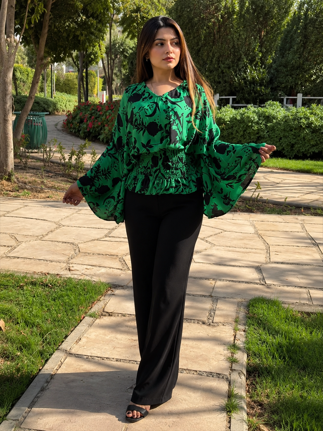 Green floral butterfly blouse - full length styled look