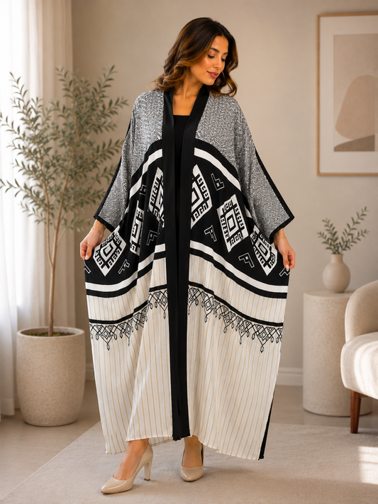 Geometric Print Open Abaya Cardigan