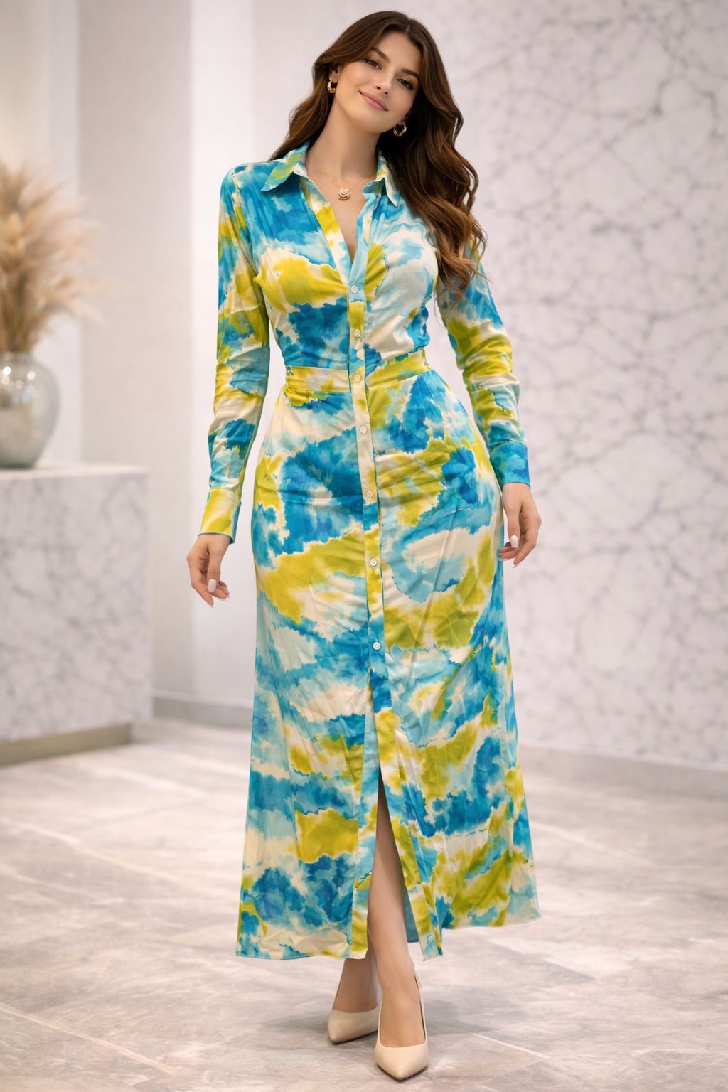 Abstract Print Maxi Shirt Dress