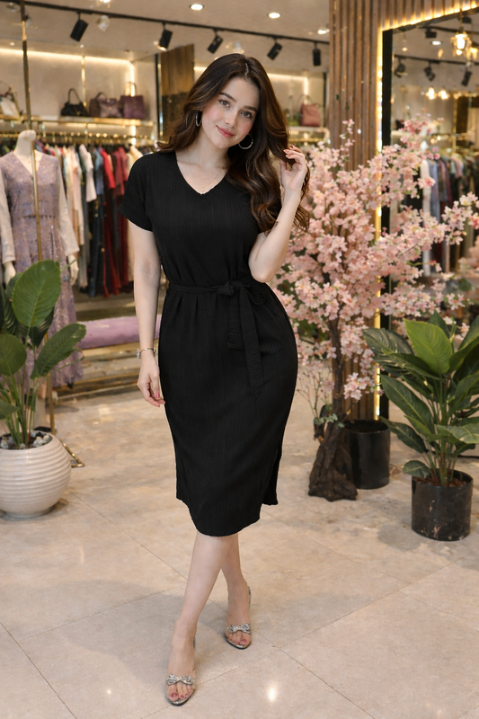 V-Neck Belted Midi Dress