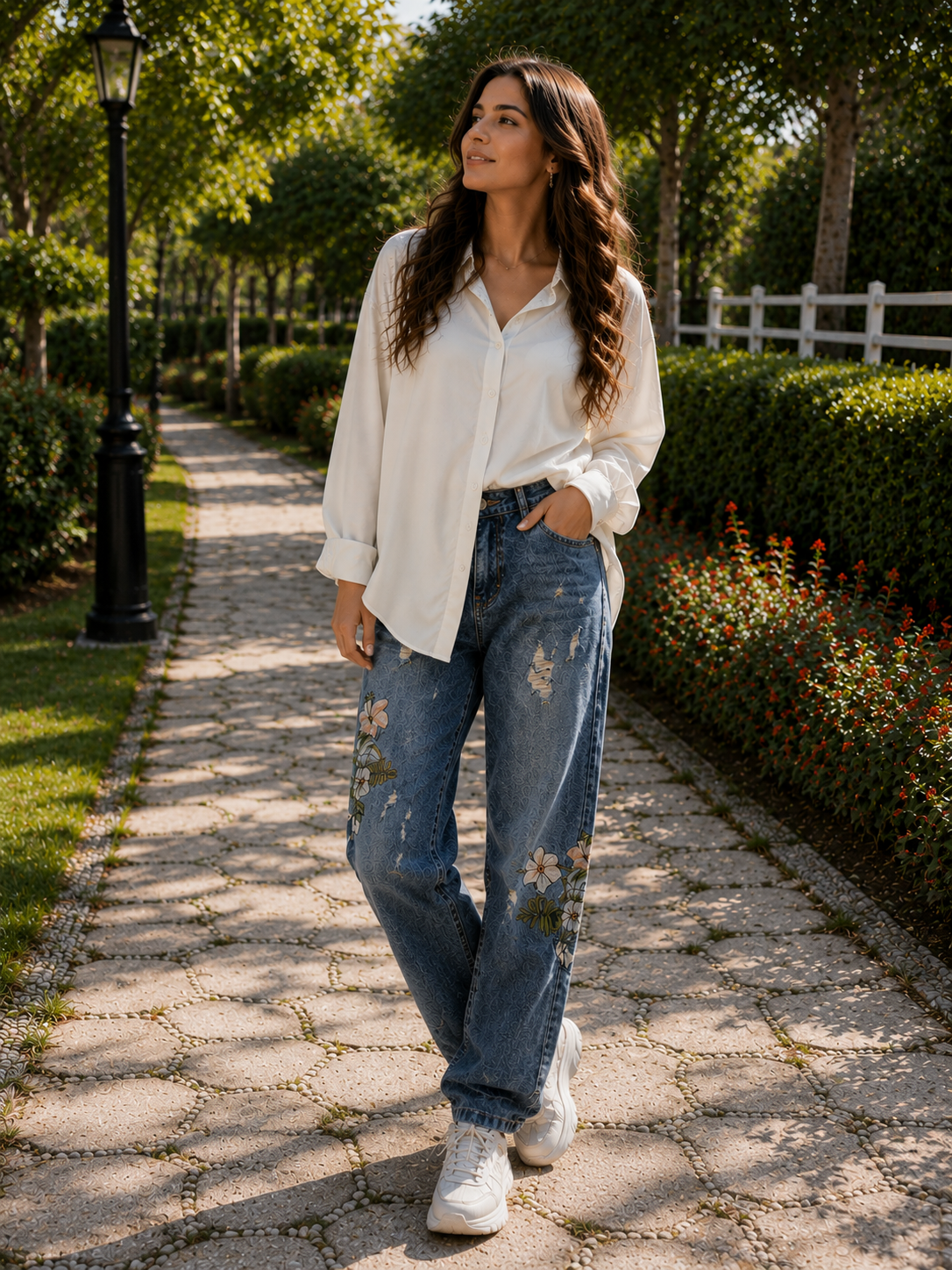 Floral Embroidered Denim Pants