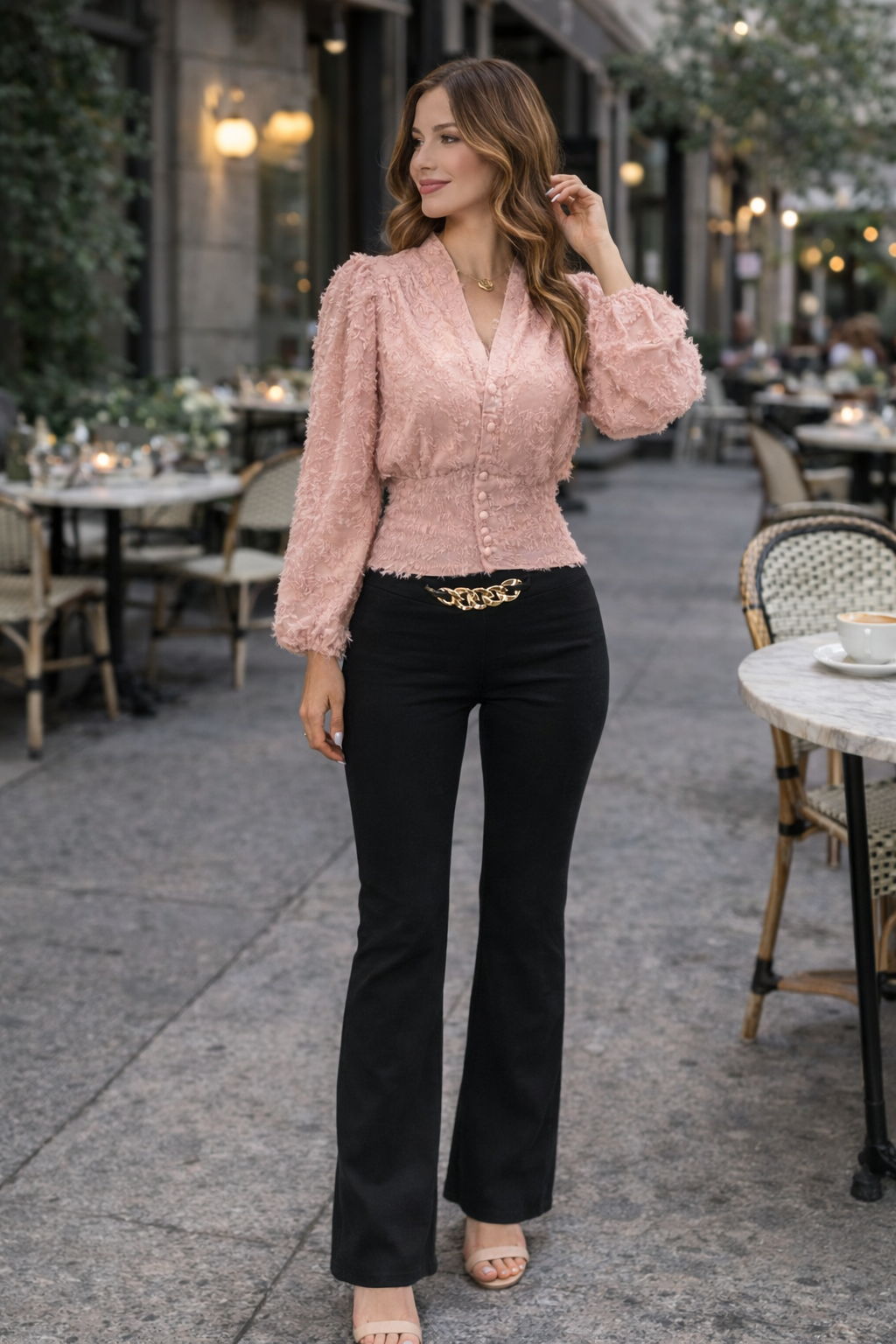 Textured Puff Sleeve Button-Up Blouse