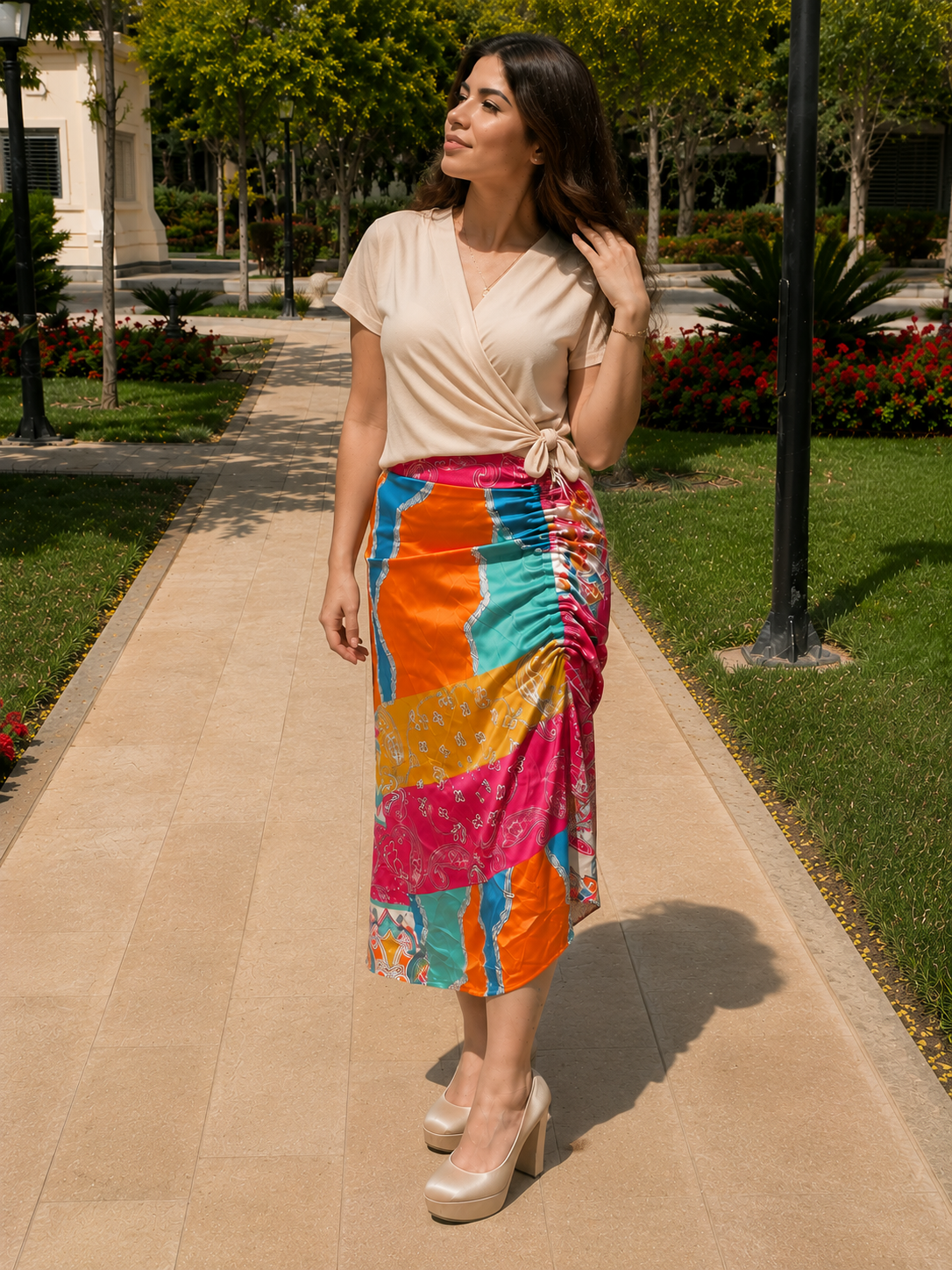 Colorful Patchwork Satin Ruched Midi Skirt