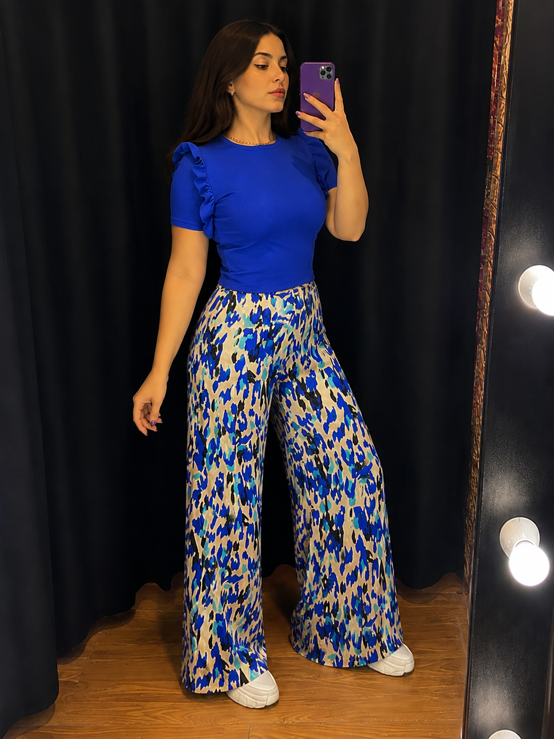 Blue Abstract Print Satin Wide-Leg Pants
