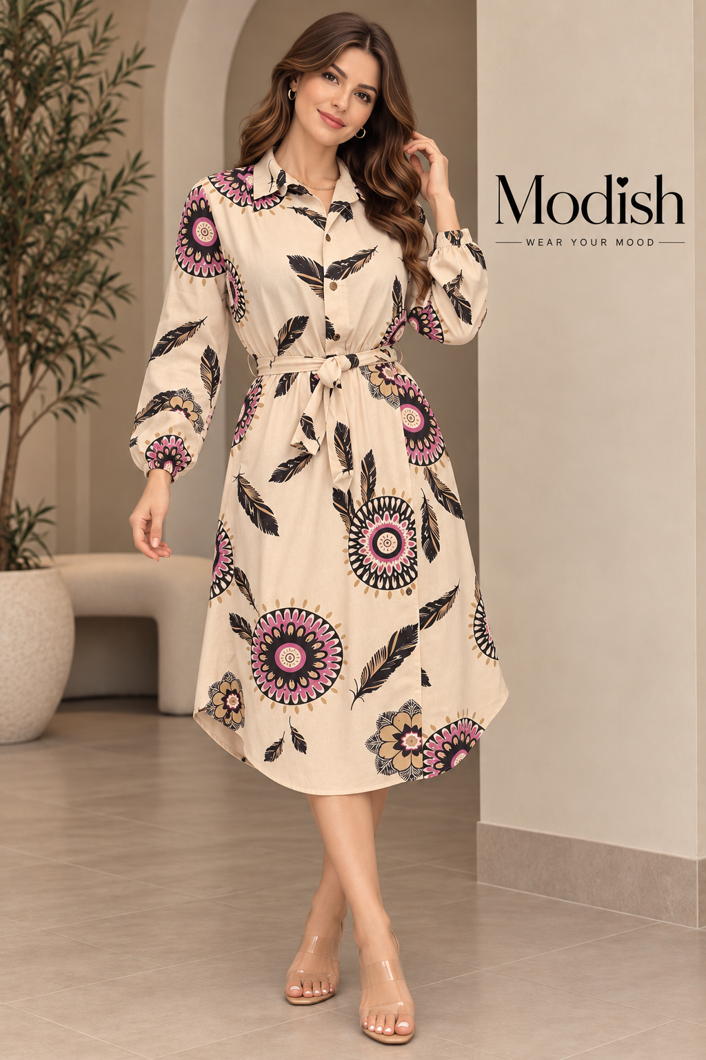 Beige Mandala Feather Print Shirt Dres