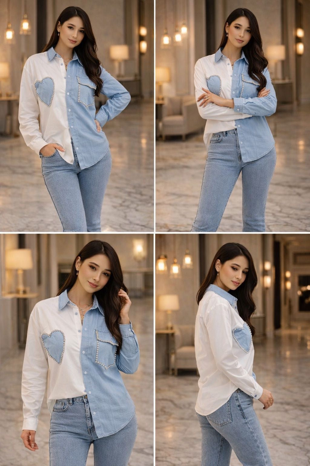 Two-Tone Denim Heart Rhinestone Shirt