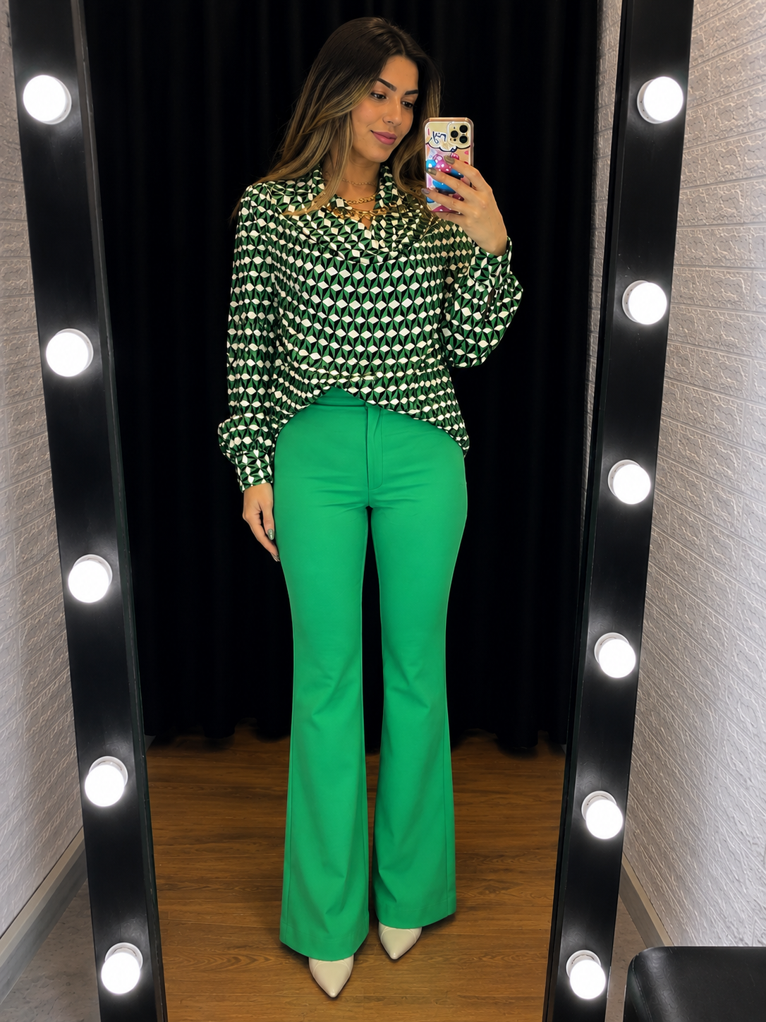 Geometric Print Long Sleeve Blouse – Green