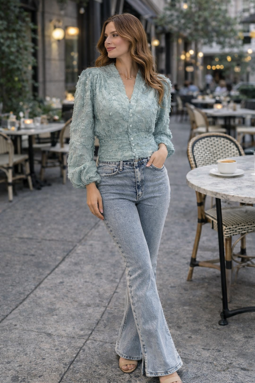 Textured Puff Sleeve Button-Up Blouse