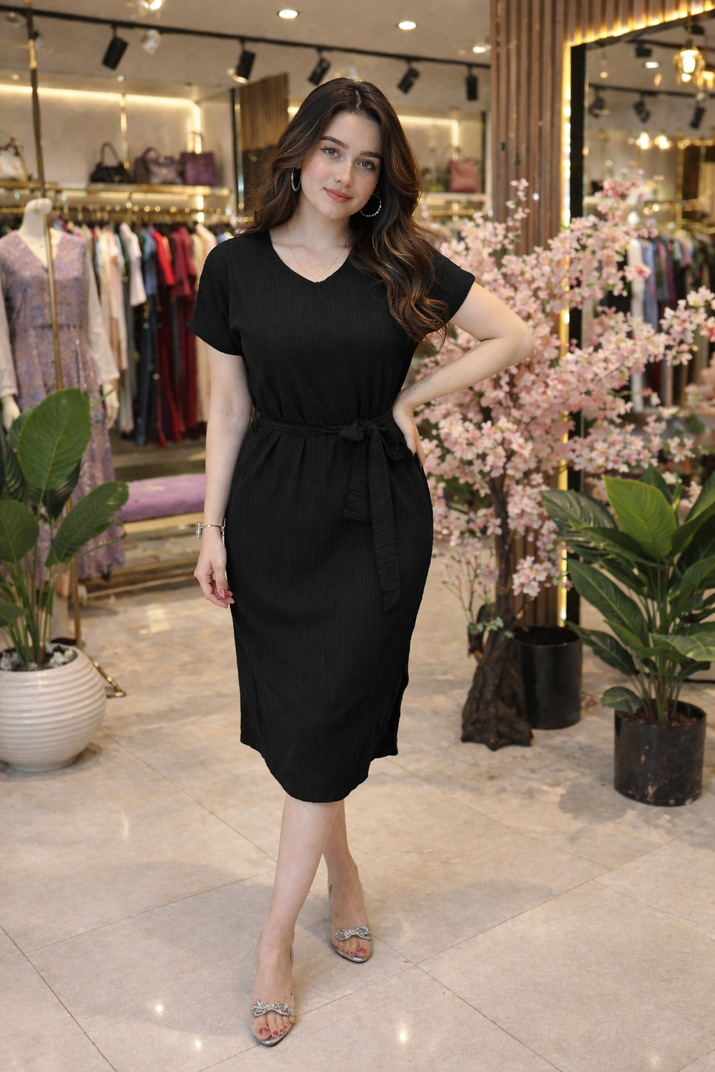 V-Neck Belted Midi Dress