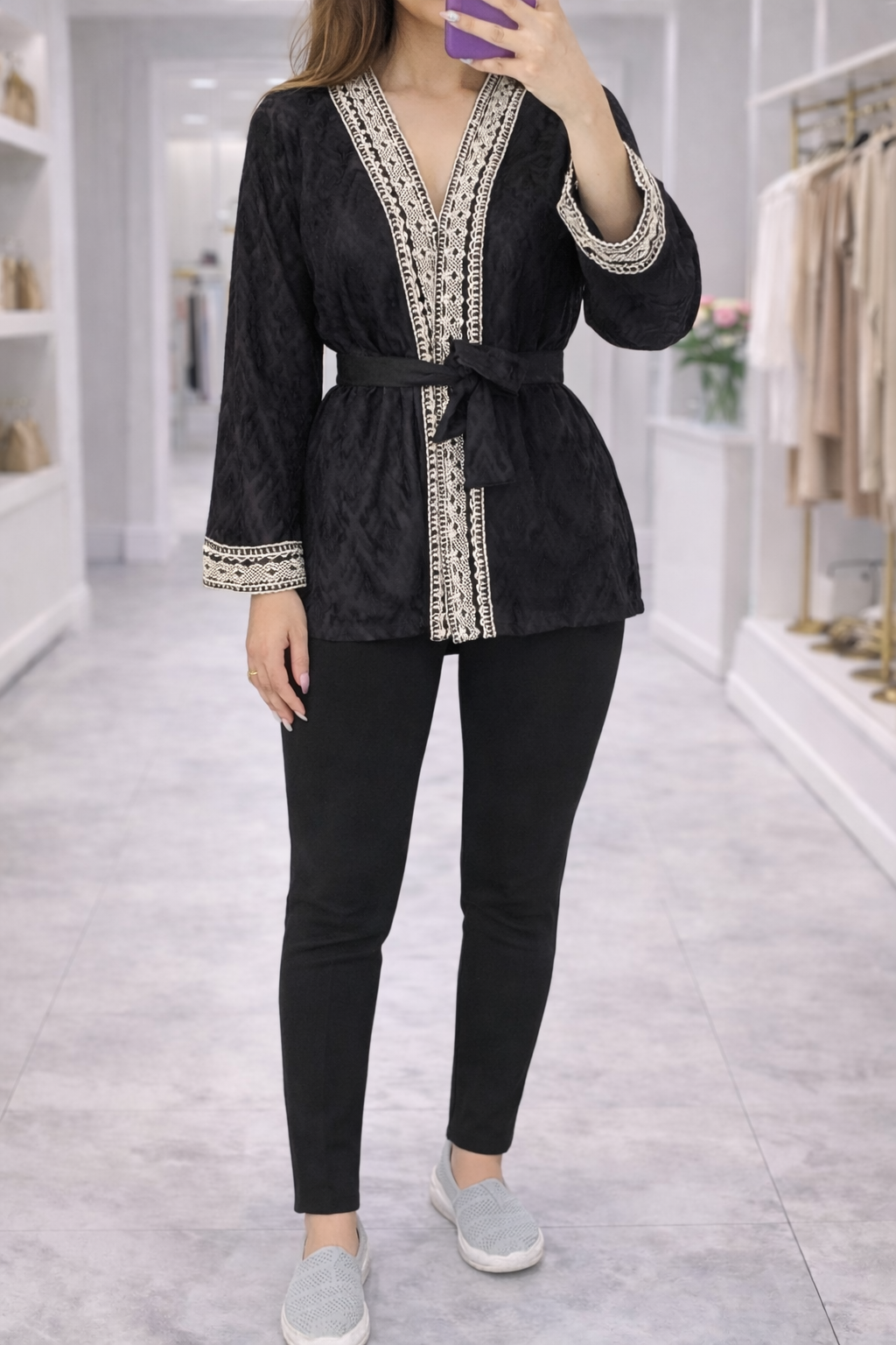 Embroidered Trim Belted Cardigan