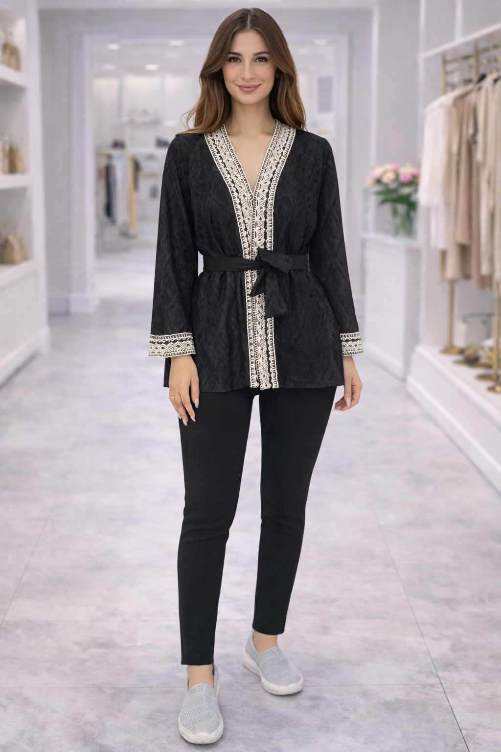 Embroidered Trim Belted Cardigan