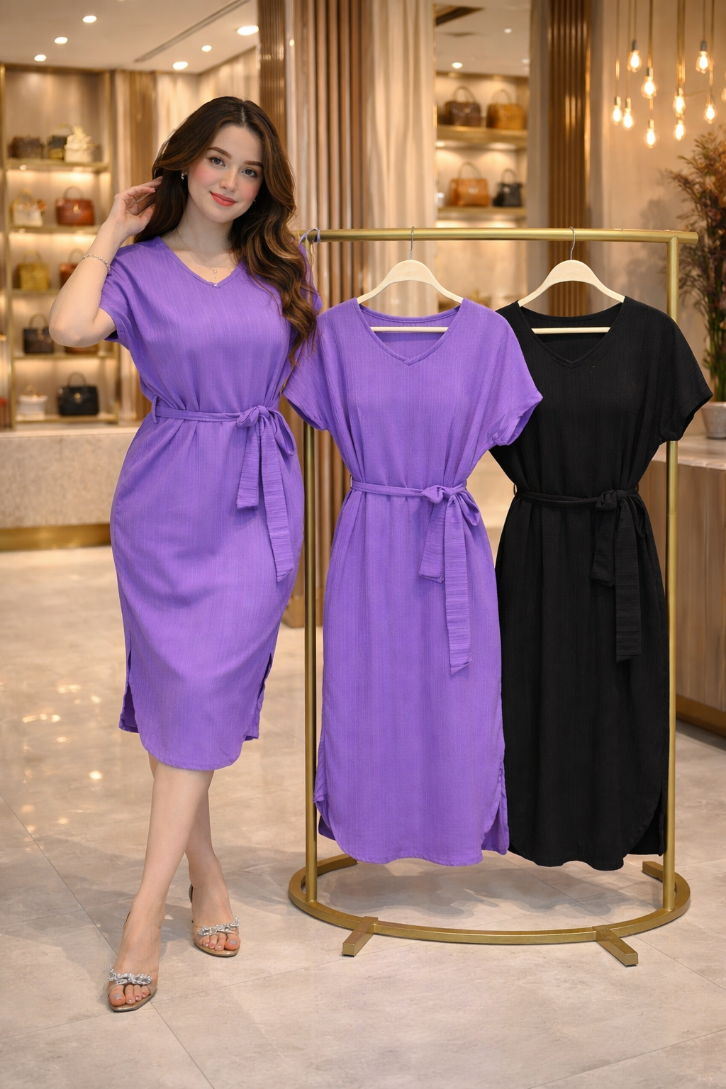 V-Neck Belted Midi Dress